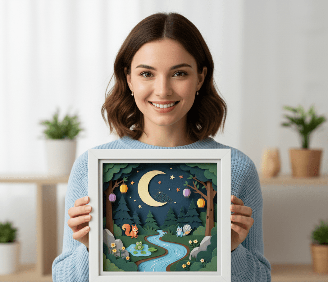 Woman holding bright white shadowbox frame featuring whimsical layered paper art with moonlit forest scene demonstrating 0.875 inch usable depth for 3D artwork dimensional paper crafts shadow box displays and artistic creations in contemporary picture frames