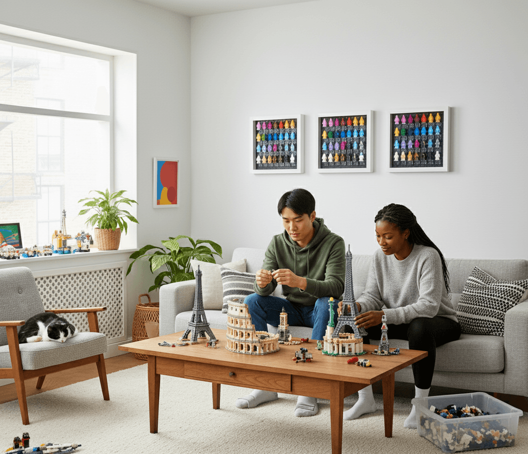 Modern living room featuring white shadowbox frames displaying colorful collectible minifigure collections on accent wall with couple assembling models demonstrating versatile 0.875 inch depth for small toy displays hobby collections and contemporary gallery wall picture frames