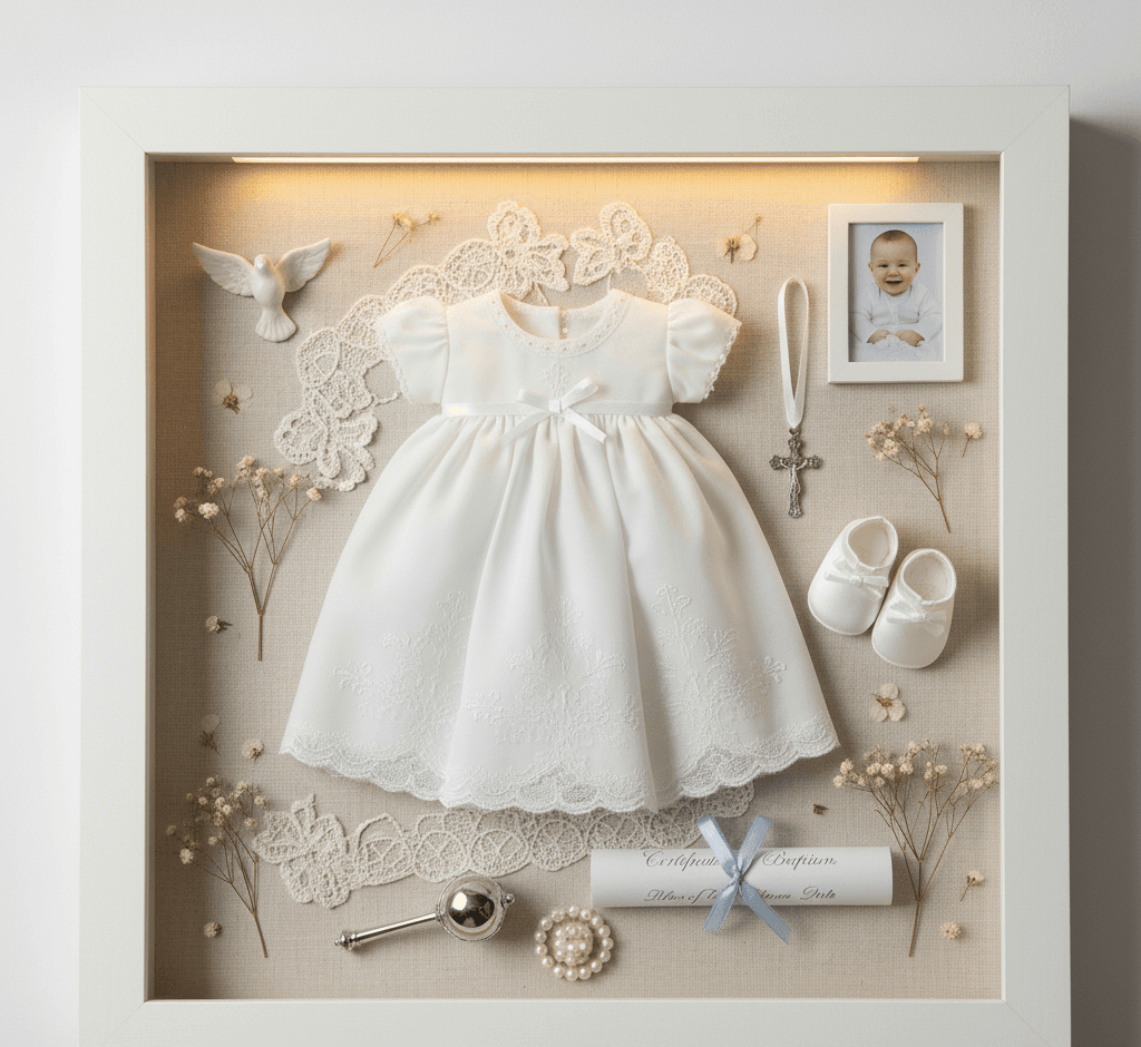 Bright white shadowbox frame with 0.75 inch moulding width showcasing baptism christening keepsakes with vintage white ceremonial gown baby booties silver cross religious certificate dove ornament and baby photo utilizing 0.875 inch depth for preserving family heirlooms baptism memories and dimensional religious keepsake picture frames