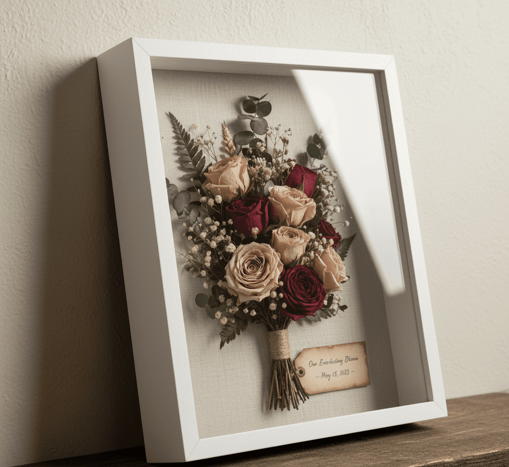 White shadowbox picture frame with 0.75 inch clean moulding displaying preserved wedding bouquet with blush pink and burgundy roses baby's breath and eucalyptus with personalized tag demonstrating 0.875 inch usable depth for bridal flower preservation romantic keepsakes and dimensional wedding memory picture frames