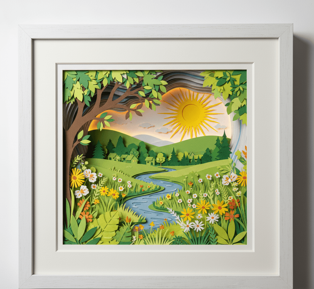 Bright white shadowbox frame with 0.75 inch moulding width featuring vibrant layered paper art depicting summer landscape with sun-drenched meadow flowing river colorful wildflowers and lush forest scene utilizing 0.875 inch depth for dimensional paper cutting nature artwork and artistic shadow box picture frames