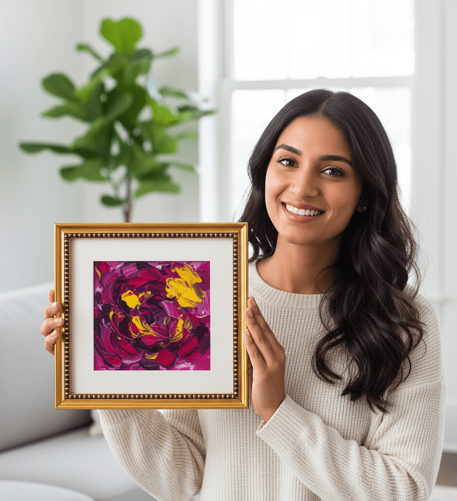 Woman in cream sweater smiling while holding Simple Gold Wood frame displaying abstract painting in bold magenta and yellow brushstrokes