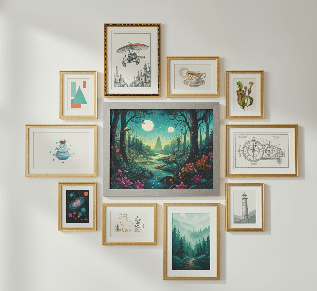 Enchanting gallery wall of eleven Simple Gold Wood beaded frames featuring whimsical fantasy forest centerpiece surrounded by vintage steampunk illustrations botanical sketches and geometric art