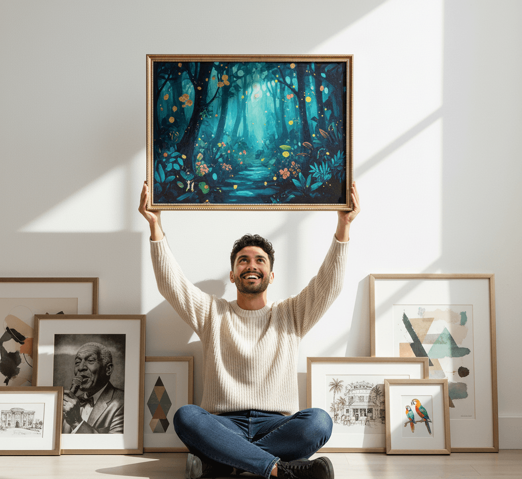 Joyful man seated on floor holds aloft Simple Gold Wood beaded frame displaying enchanted forest painting with pink foliage surrounded by collection of framed artwork