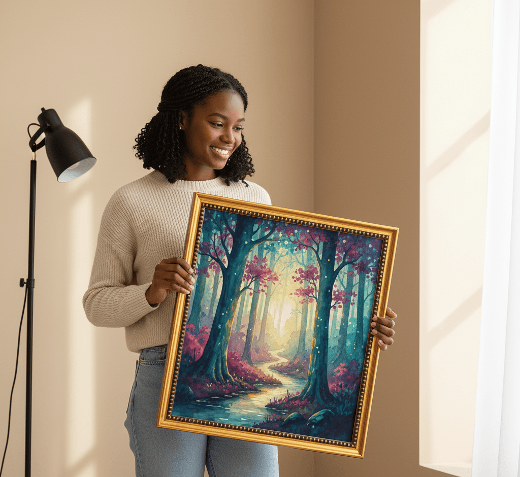 Smiling woman holds Simple Gold Wood beaded frame showcasing magical forest path painting with pink cherry blossom trees and golden sunlight in warm modern interior