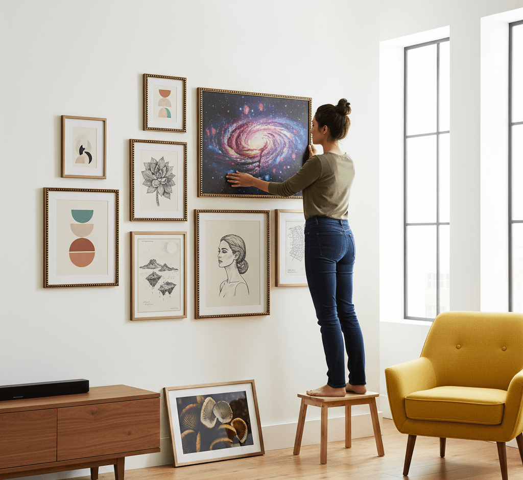 Woman on wooden stool adjusts spiral galaxy photograph in Simple Gold Wood beaded frames gallery wall featuring minimalist geometric prints botanical sketches and portrait art
