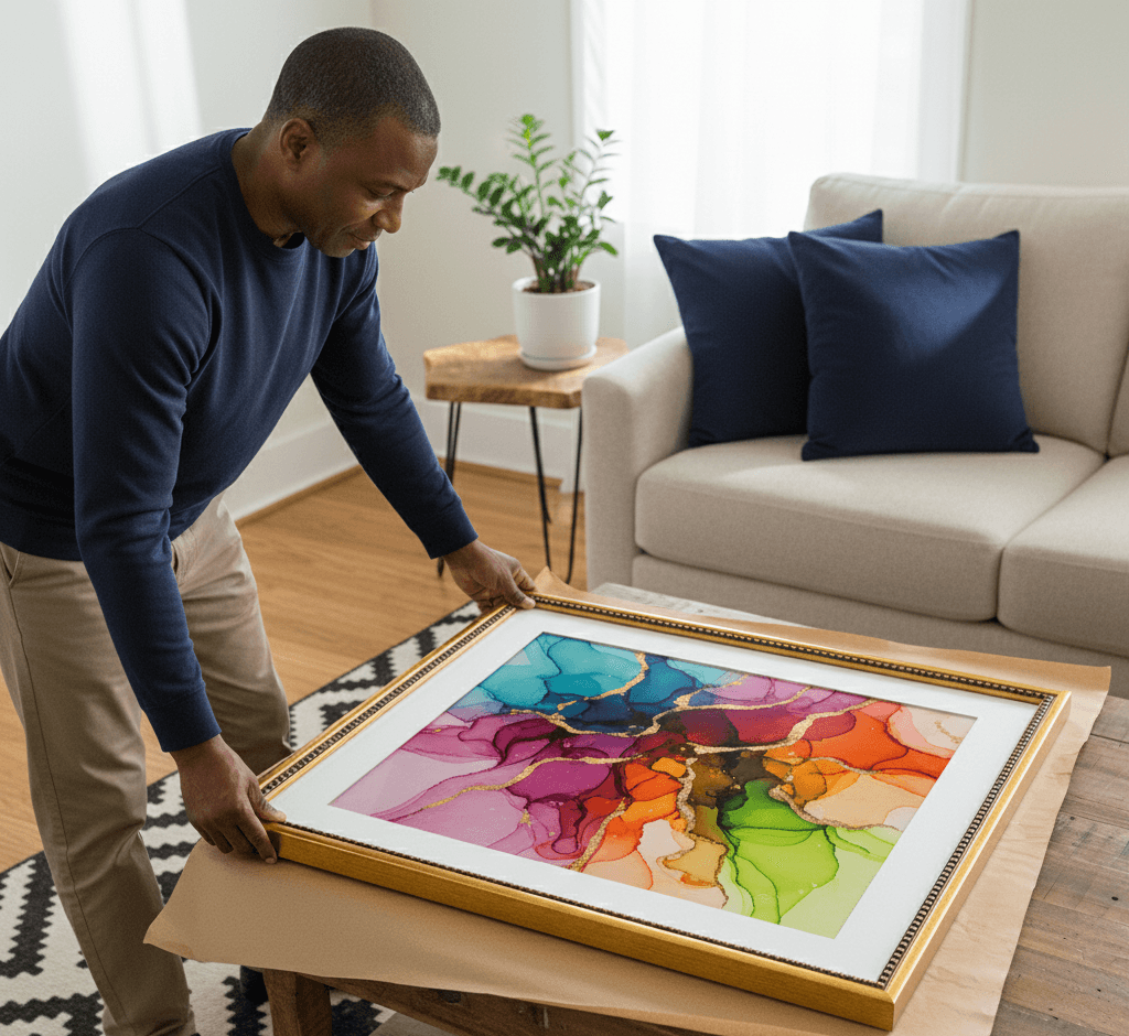 Man carefully unwraps large Simple Gold Wood beaded frame showcasing spectacular rainbow abstract alcohol ink painting with vibrant magenta orange yellow green and blue flowing colors