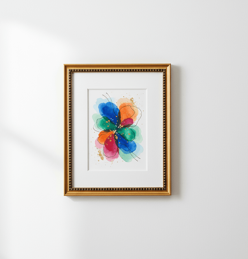 Simple Gold Wood frame with white mat holds bright watercolor flower painting in blue green orange and pink hues hanging on white wall in natural light