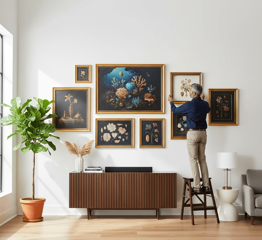 Man stands on step stool adjusting wall display of Simple Gold Wood framed botanical and underwater-themed artworks in modern living room with bright natural light