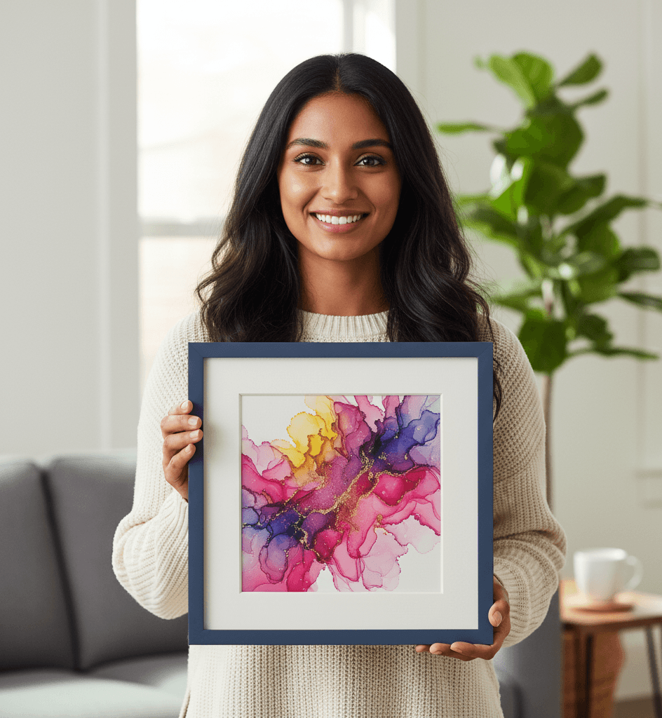 Woman in cream sweater holds navy-blue picture frame displaying vibrant abstract watercolor artwork in pink, purple, and yellow tones