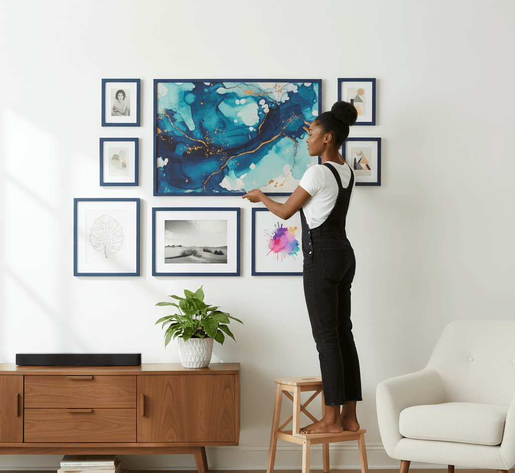 Woman on wooden stool adjusts Blue Wood frame gallery wall featuring stunning alcohol ink abstract centerpiece in turquoise navy and gold surrounded by botanical line drawings and minimalist prints