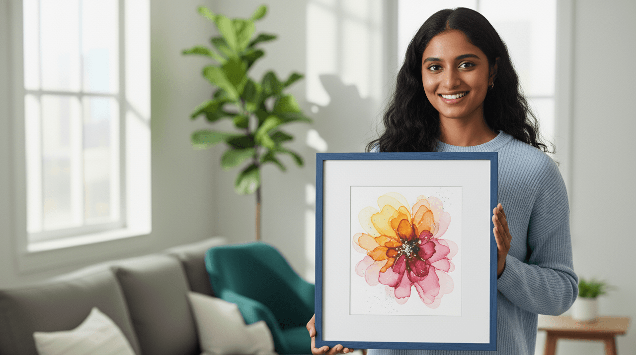Smiling woman in blue ribbed sweater holds Blue Wood frame with white mat showcasing delicate watercolor flower painting in golden orange yellow and pink tones in bright modern interior