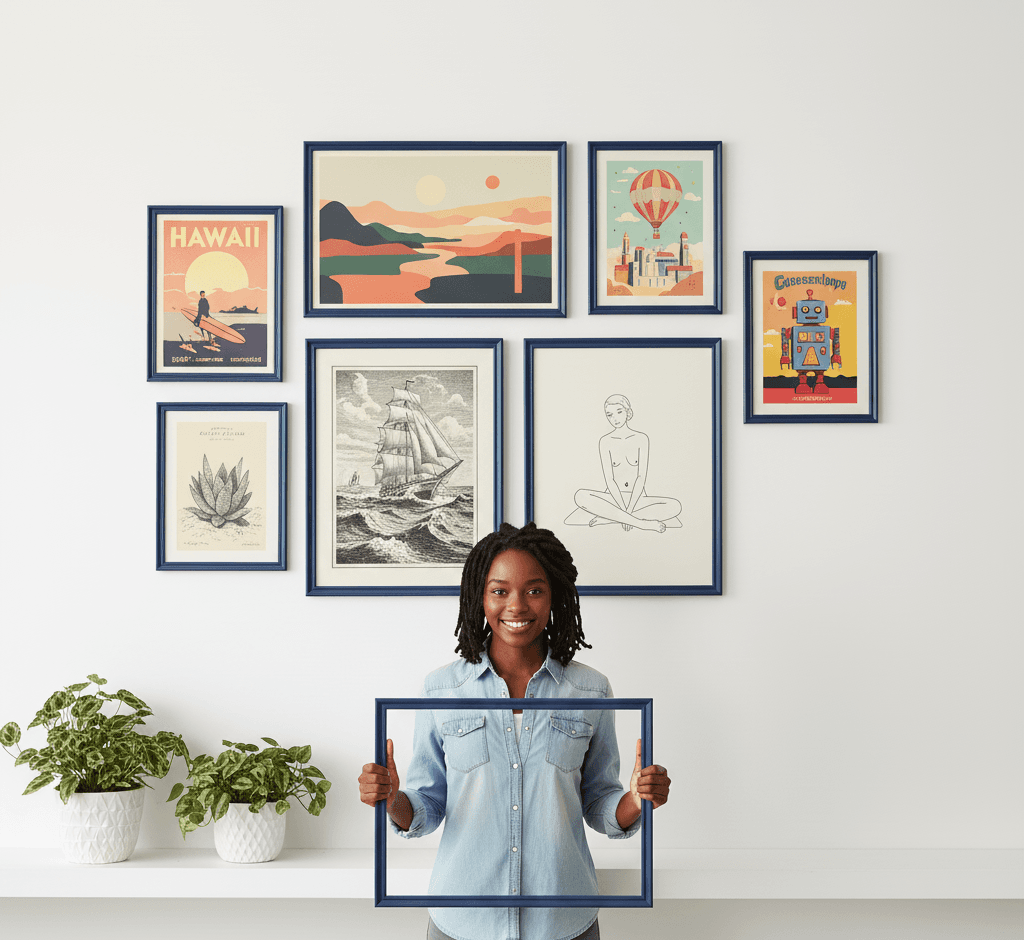 Joyful woman holds empty Blue Wood frame against eclectic gallery wall featuring vintage Hawaii poster desert landscape hot air balloon illustration sailing ship engraving and minimalist line drawings