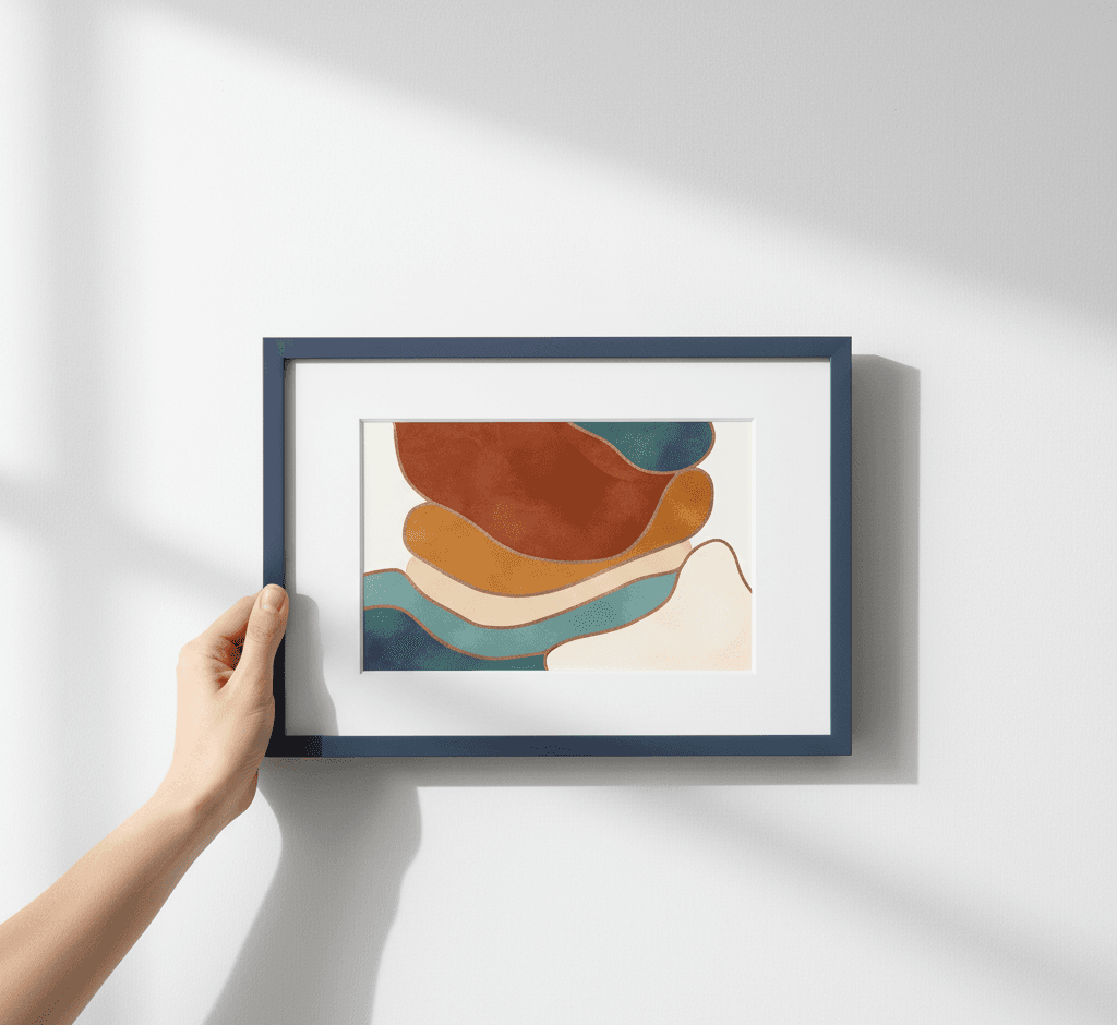 Hand holds Blue Wood frame with white mat displaying modern abstract geometric art featuring flowing organic shapes in rust orange teal cream and navy on minimalist white wall