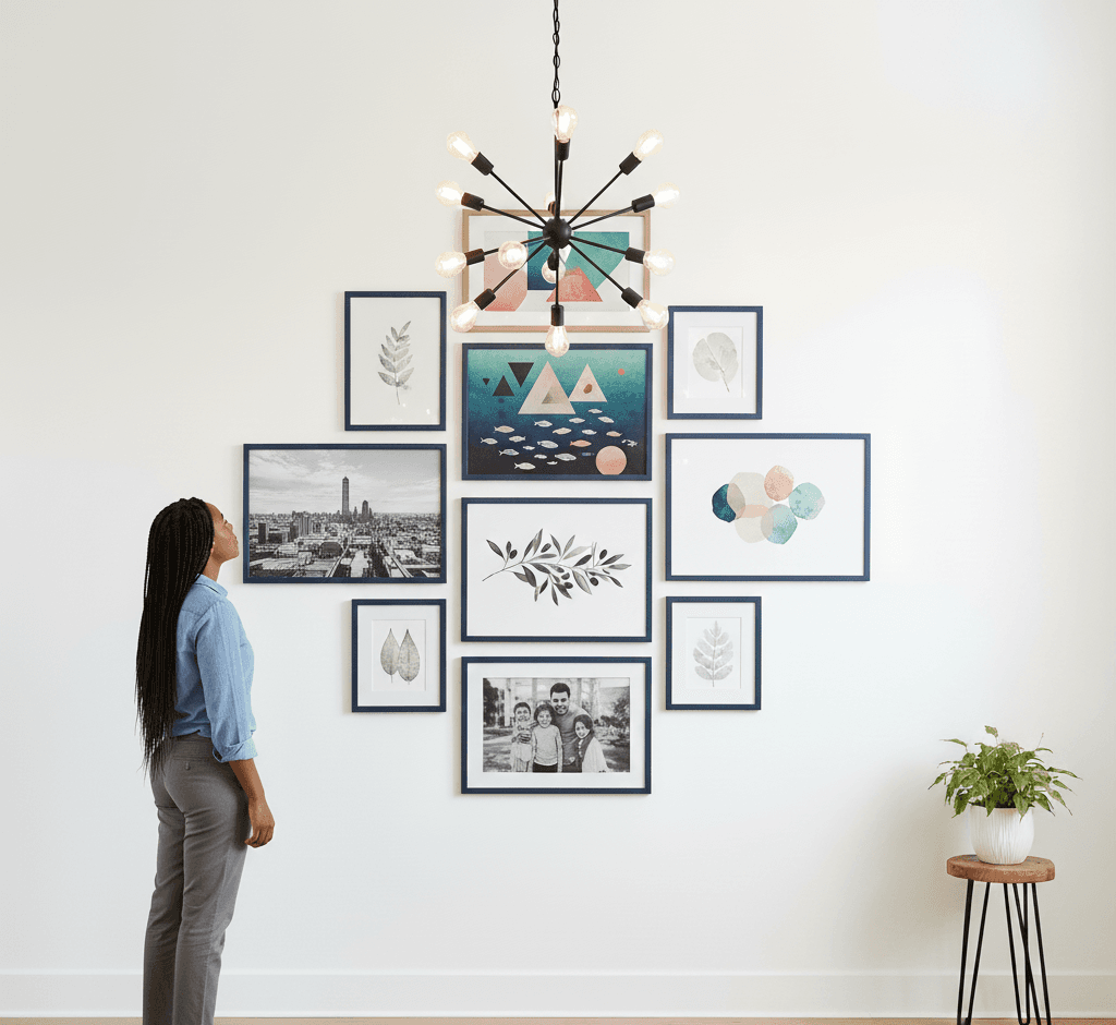 Woman admires sophisticated Blue Wood frames gallery wall beneath modern starburst chandelier featuring geometric fish illustration watercolor abstracts botanical sketches and black-and-white family portrait photography