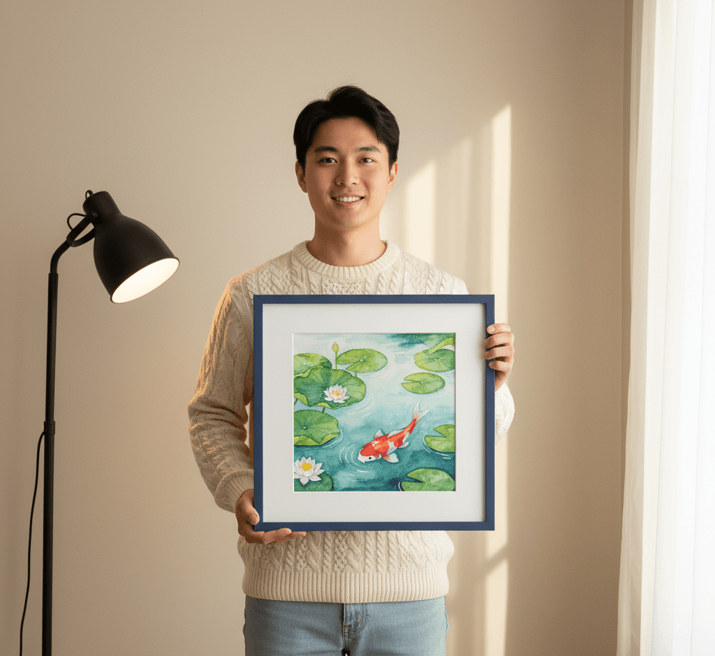 Smiling man in cable knit sweater holds Blue Wood frame displaying serene watercolor painting of red-orange koi fish swimming among lily pads and lotus flowers in tranquil pond setting
