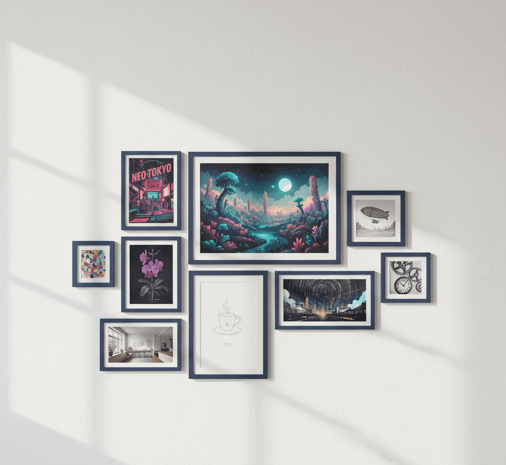 Dramatic Blue Wood frames gallery wall showcases fantasy alien landscape centerpiece with glowing moon vibrant Neo-Tokyo cyberpunk poster botanical orchid illustration vintage zeppelin photograph and minimalist art prints