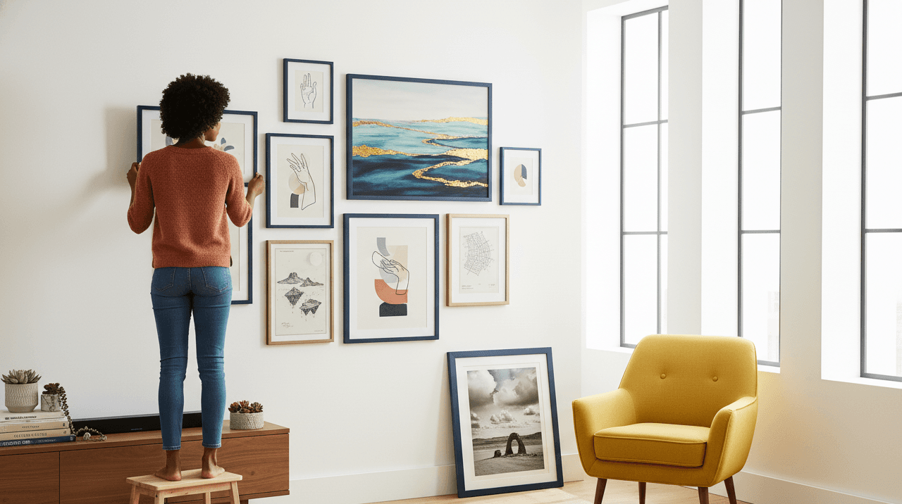 Woman on wooden stool arranges Blue Wood frames gallery wall featuring ocean abstract with gold leaf accents minimalist line art botanical illustrations beside floor-to-ceiling windows and mustard accent chair
