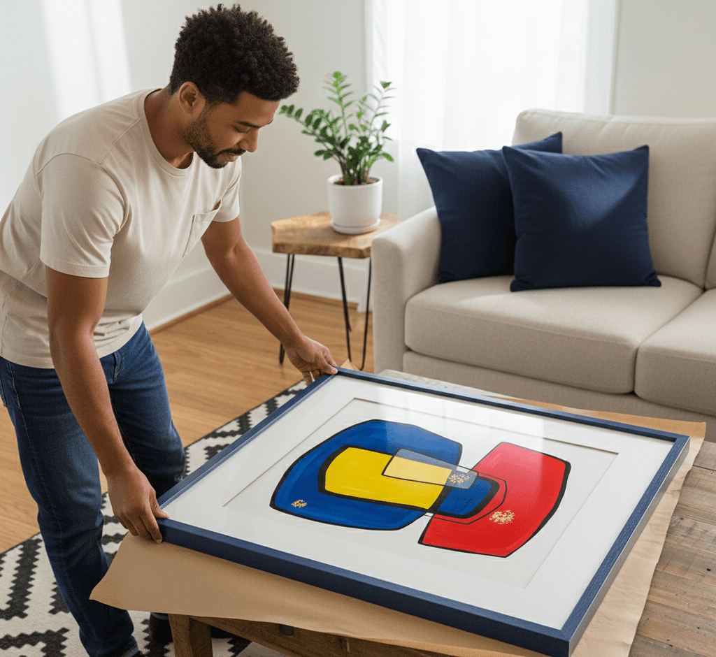 Man carefully examines large Blue Wood framed geometric abstract art featuring bold primary colors red yellow and blue on coffee table in minimalist living room with navy pillows and geometric rug