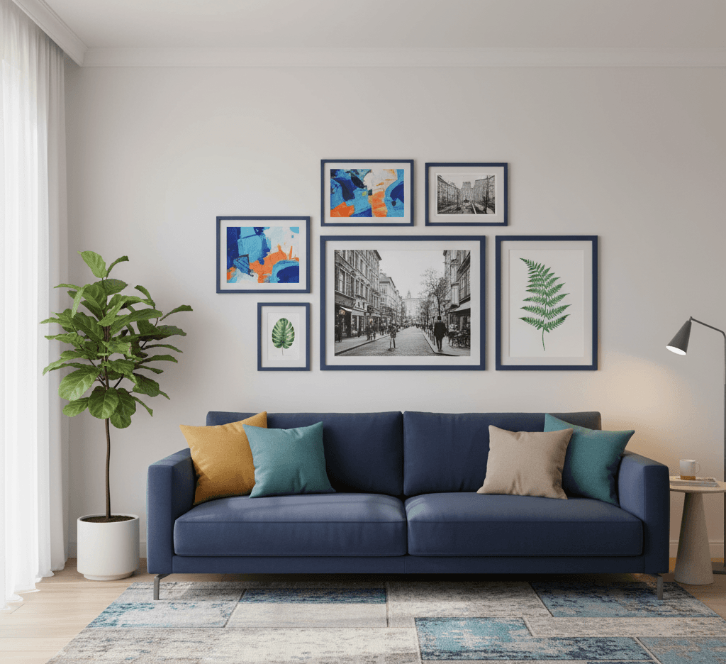 Modern living room with navy sofa features gallery wall of navy-blue frames displaying abstract, botanical, and black-and-white city artwork