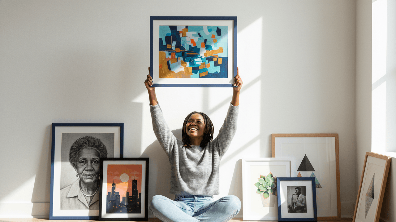 Joyful woman seated cross-legged raises Blue Wood framed cubist abstract painting featuring teal orange and navy geometric blocks surrounded by collection of unframed artwork including vintage portrait and cityscape