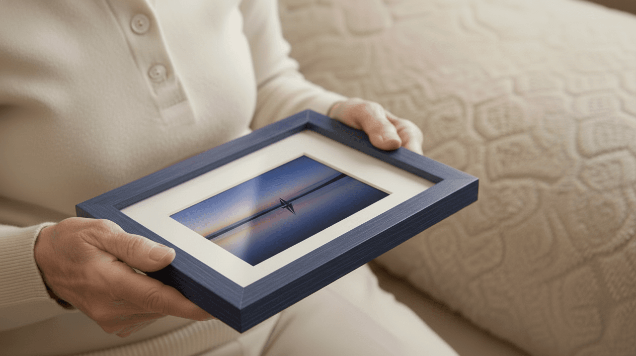 Close-up hands holding small Blue Wood frame with white mat showcasing atmospheric aviation photography of silhouetted airplane against vibrant purple orange and blue gradient sunset sky