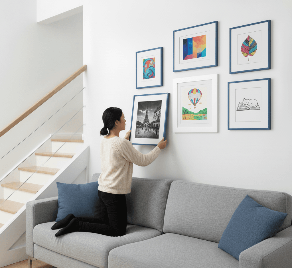 Woman kneels on gray sofa arranging Blue Wood frames gallery wall featuring black-and-white Eiffel Tower photograph geometric abstract art hot air balloon illustration rainbow watercolor leaf and minimalist line drawing cat sketch