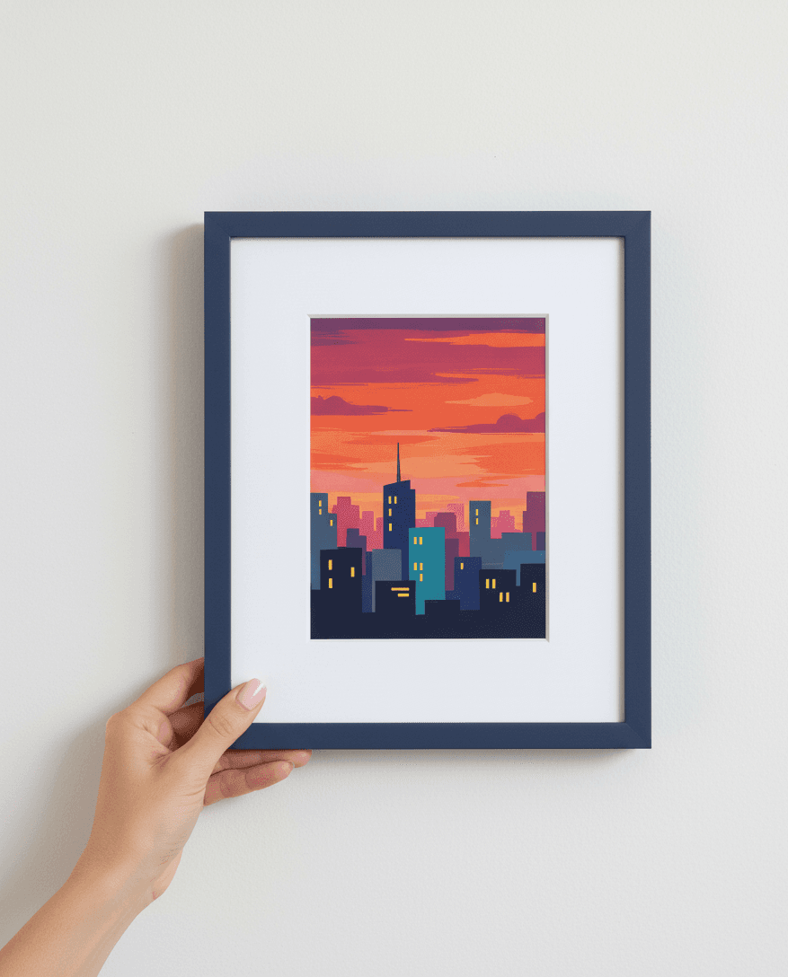 Hand holds small navy-blue picture frame containing colorful city skyline illustration at sunset