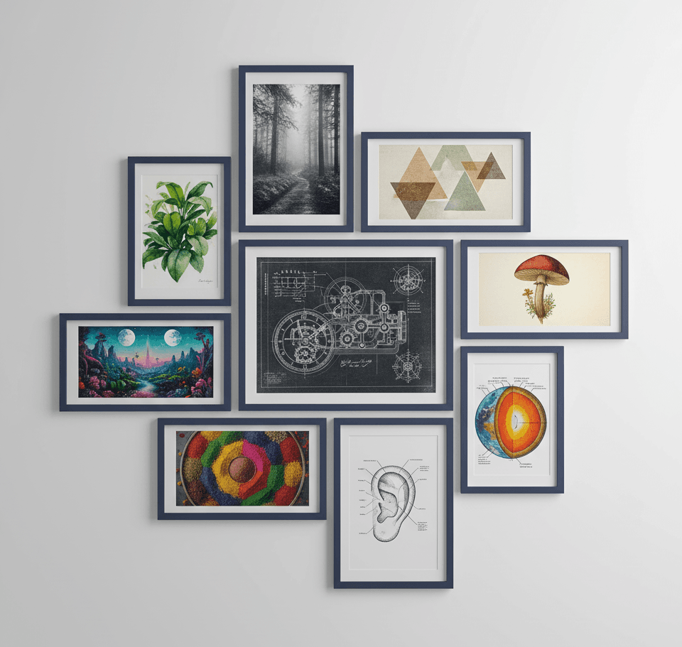 Gallery wall of navy-blue picture frames displays botanical prints, geometric designs, mushroom illustration, and mechanical blueprint artwork