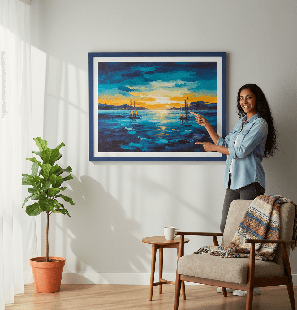 Woman in denim shirt stands in living room pointing to large framed seascape painting with blue and yellow tones above chair and side table