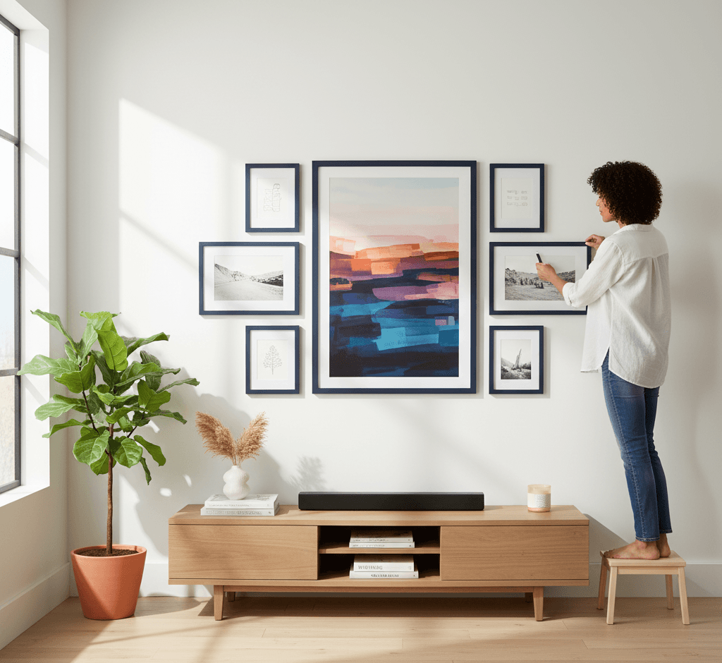 Woman stands on small stool adjusting navy-blue frame gallery with abstract and landscape art in bright room with wood furniture and plants