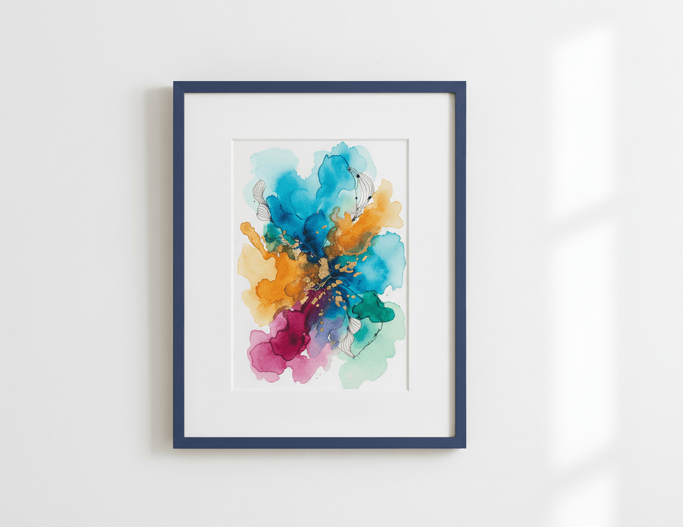 Navy-blue picture frame with white mat displays colorful watercolor flower painting in blue, orange, pink, and green tones against white wall