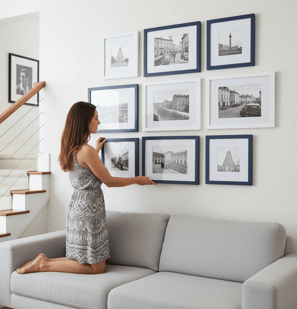 Woman kneels on light gray sofa adjusting gallery wall of nine navy-blue and white picture frames displaying black-and-white architectural photographs in bright modern living room