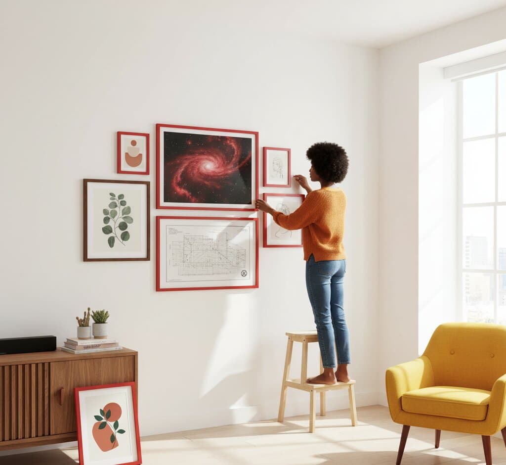 Eclectic gallery wall with eight red picture frames displaying vintage travel posters from Neo-Tokyo and fantasy alien planet landscape, geometric shapes, botanical illustrations, retro robot, hot air balloons, and coffee cup line art with woman holding large space colony poster and golden retriever companion
