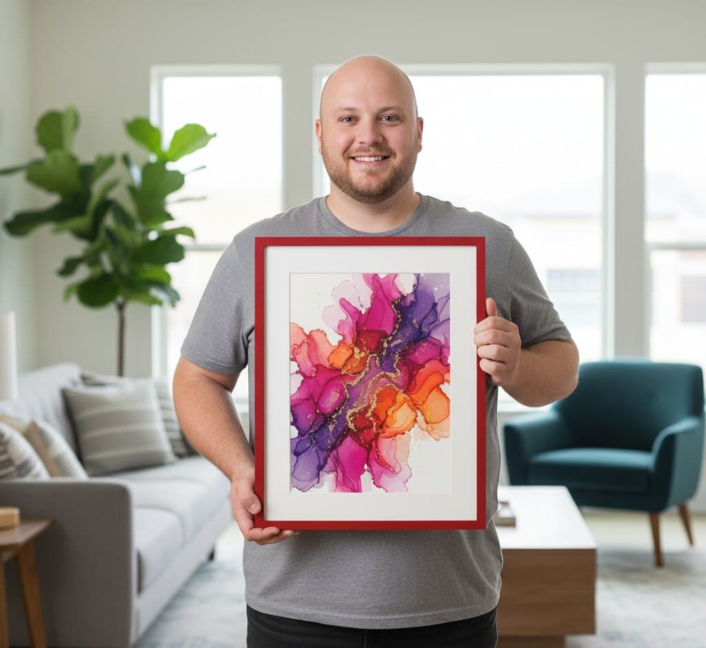 Smiling man in gray t-shirt holds burgundy red wood picture frame displaying vibrant alcohol ink abstract art in magenta, violet, orange, and gold showcasing custom framing for contemporary fluid art in bright modern living room with fiddle leaf fig and teal armchair