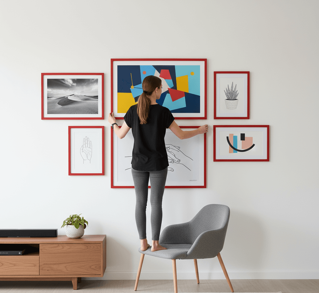 Woman in black shirt stands on gray chair adjusting gallery wall of red picture frames displaying abstract shapes, desert photo, and minimalist line drawings