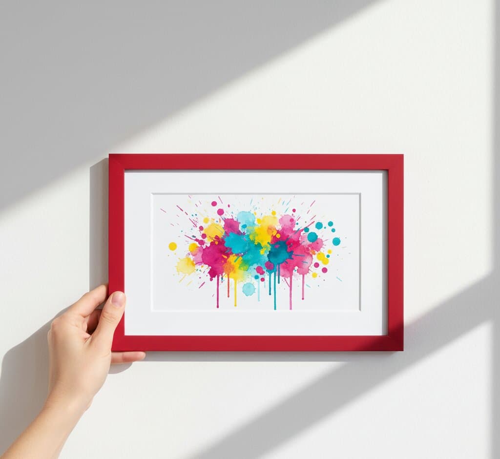 Close-up hand holding burgundy red wood picture frame displaying energetic paint splatter abstract art in vibrant yellow, pink, cyan, and magenta demonstrating custom framing for contemporary expressionist artwork with clean white mat border