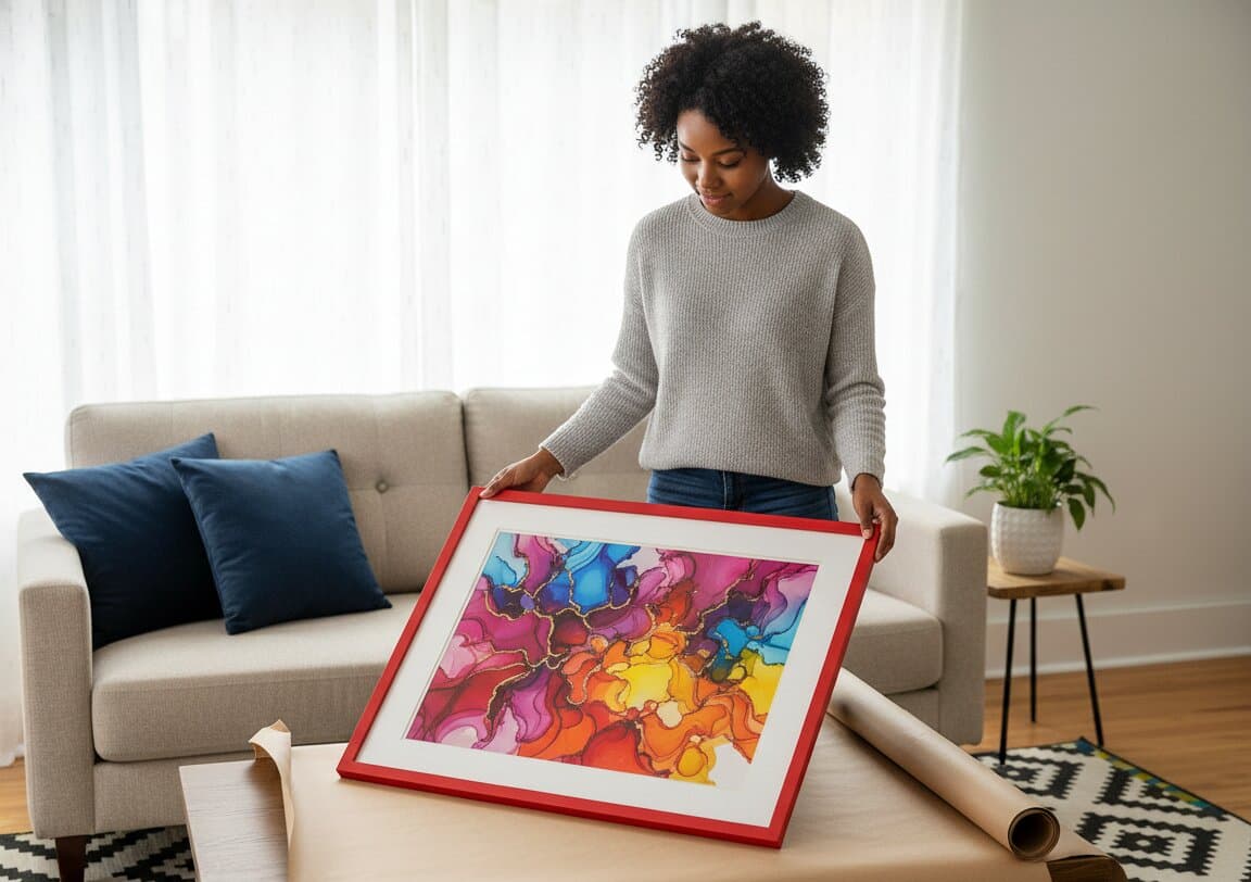 Woman in gray sweater carefully positioning large red wood picture frame displaying vibrant fluid abstract art in rainbow colors above beige sofa in bright living room with patterned black and white geometric rug and potted plant accent demonstrating professional art installation