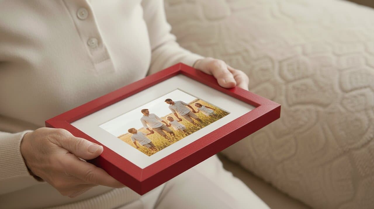 Person in cream sweater holds small burgundy red wood picture frame with white mat displaying cherished family photograph in warm golden hour lighting demonstrating elegant custom framing for personal memories on soft neutral textured surface
