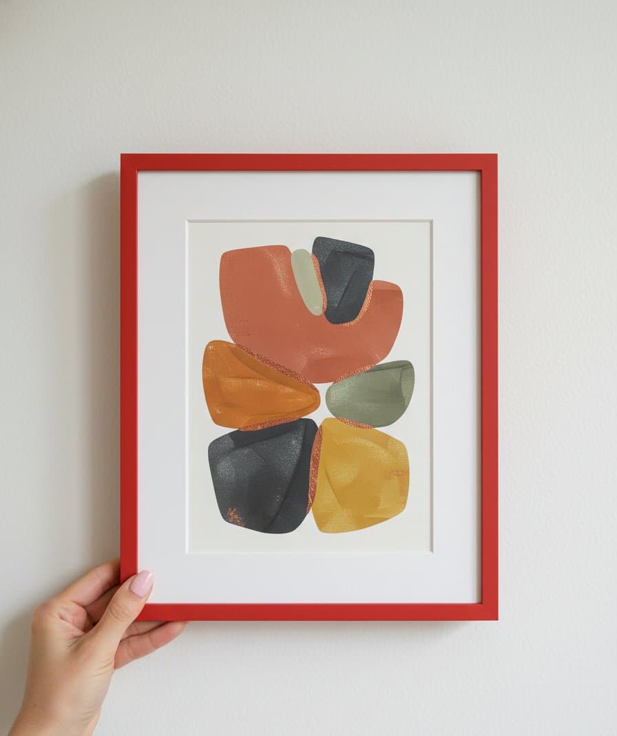 Hand with pink manicure holds sleek red wood picture frame displaying mid-century modern abstract art featuring balanced composition of terracotta, mustard, olive, and charcoal organic shapes showcasing professional custom framing for contemporary geometric artwork