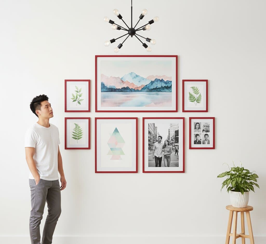 Woman in gray sweater sits cross-legged on wooden floor holding red wood picture frame displaying colorful geometric block art surrounded by collection of framed artwork including black and white portrait, architectural photography, vintage cityscape, and sunset skyline demonstrating versatile custom framing options for art collectors