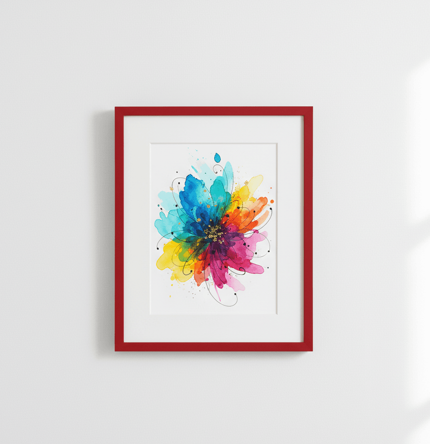 Red picture frame with white mat displays colorful watercolor flower painting in shades of blue, yellow, orange, and pink against white wall
