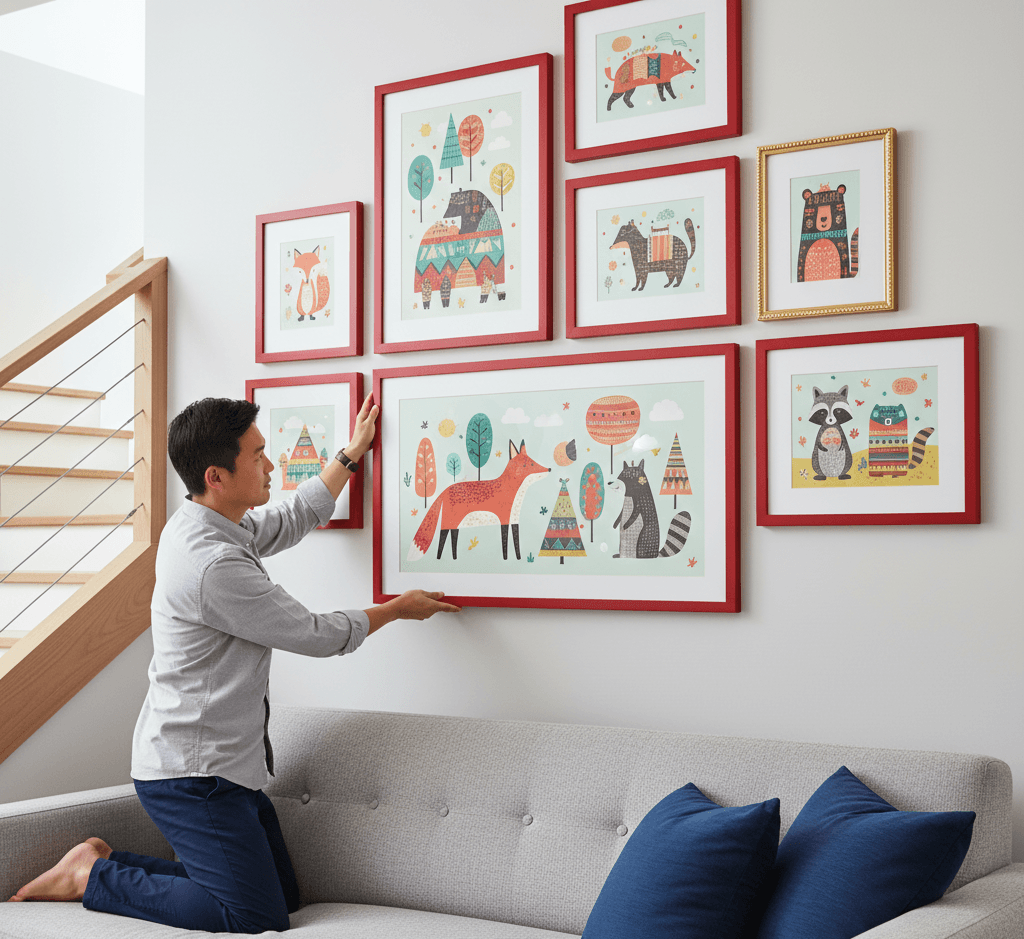 Man kneels on gray sofa adjusting gallery wall of red picture frames featuring whimsical animal illustrations including fox, bear, raccoon, and owl