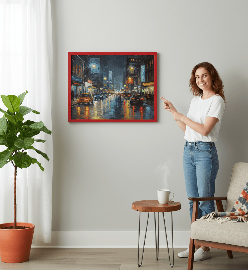 Woman in white t-shirt stands beside mid-century chair pointing to red picture frame displaying cityscape painting of rainy street scene in softly lit room
