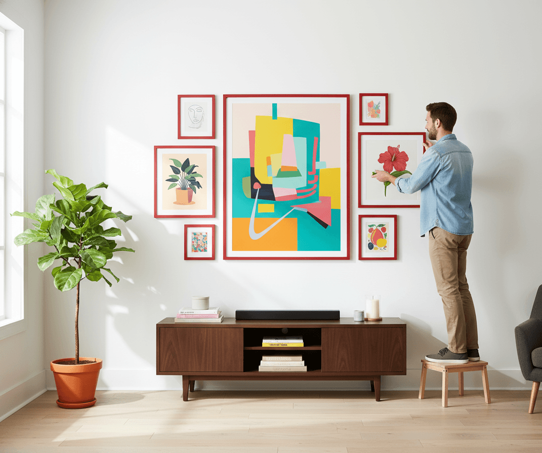 Man stands on small stool arranging wall of red picture frames displaying abstract shapes, plants, and red hibiscus painting above wood cabinet