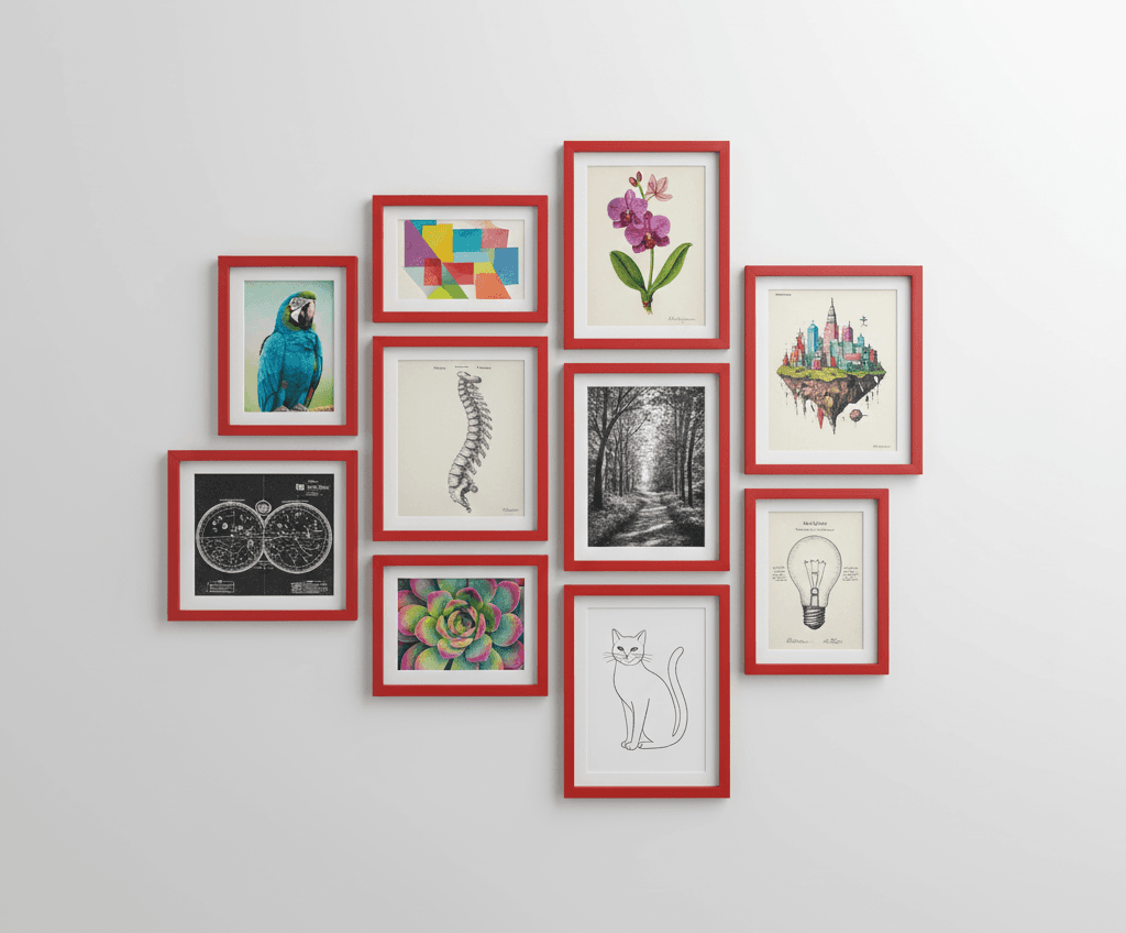 Grid of ten red picture frames displays assorted artwork including parrot, flower, succulent, spine diagram, city illustration, and light bulb sketch on white wall