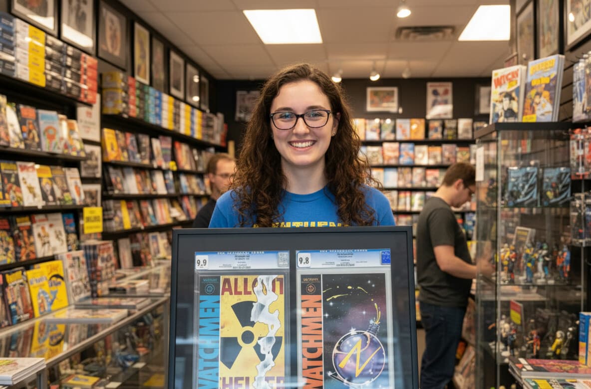 CGC graded comic book shadowbox frame with wide-profile black moulding displayed in comic shop showcasing professionally slabbed collectibles utilizing 1.25 inch depth for preserving valuable comic books in museum-quality protective picture frames for pop culture memorabilia