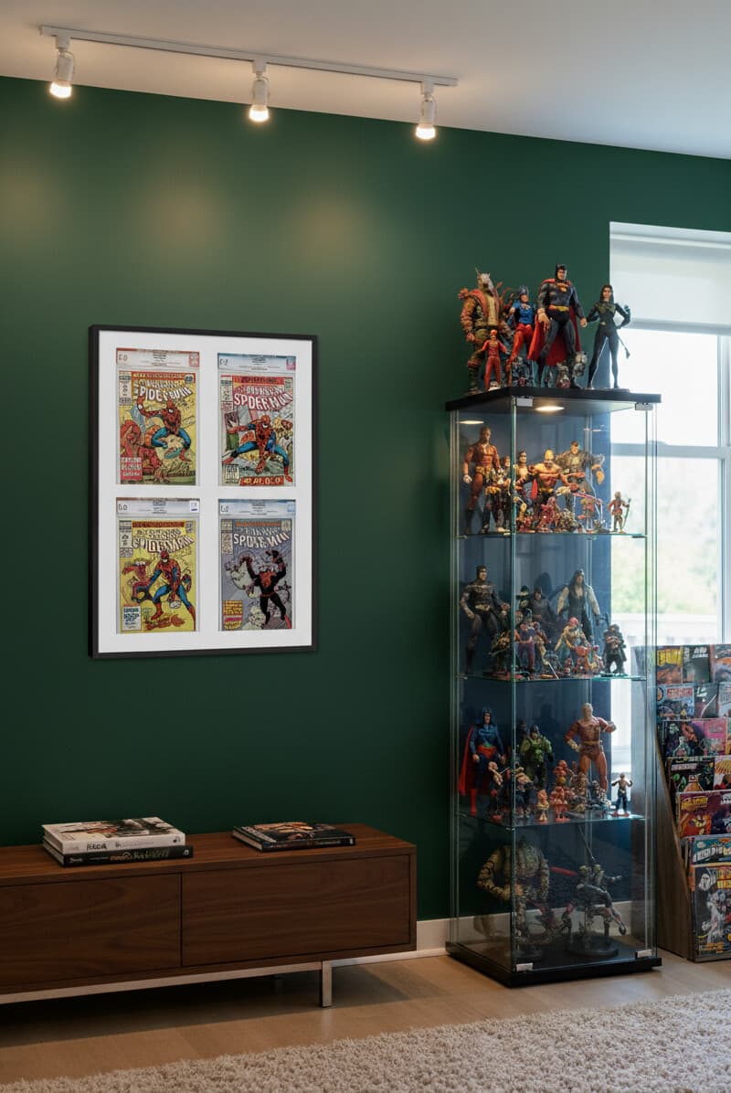 Collector room gallery wall featuring deep shadowbox frames in modern black finish displaying graded comic books alongside glass display cabinet showcasing professional framing techniques for valuable pop culture collectibles using dimensional picture frames with architectural styling