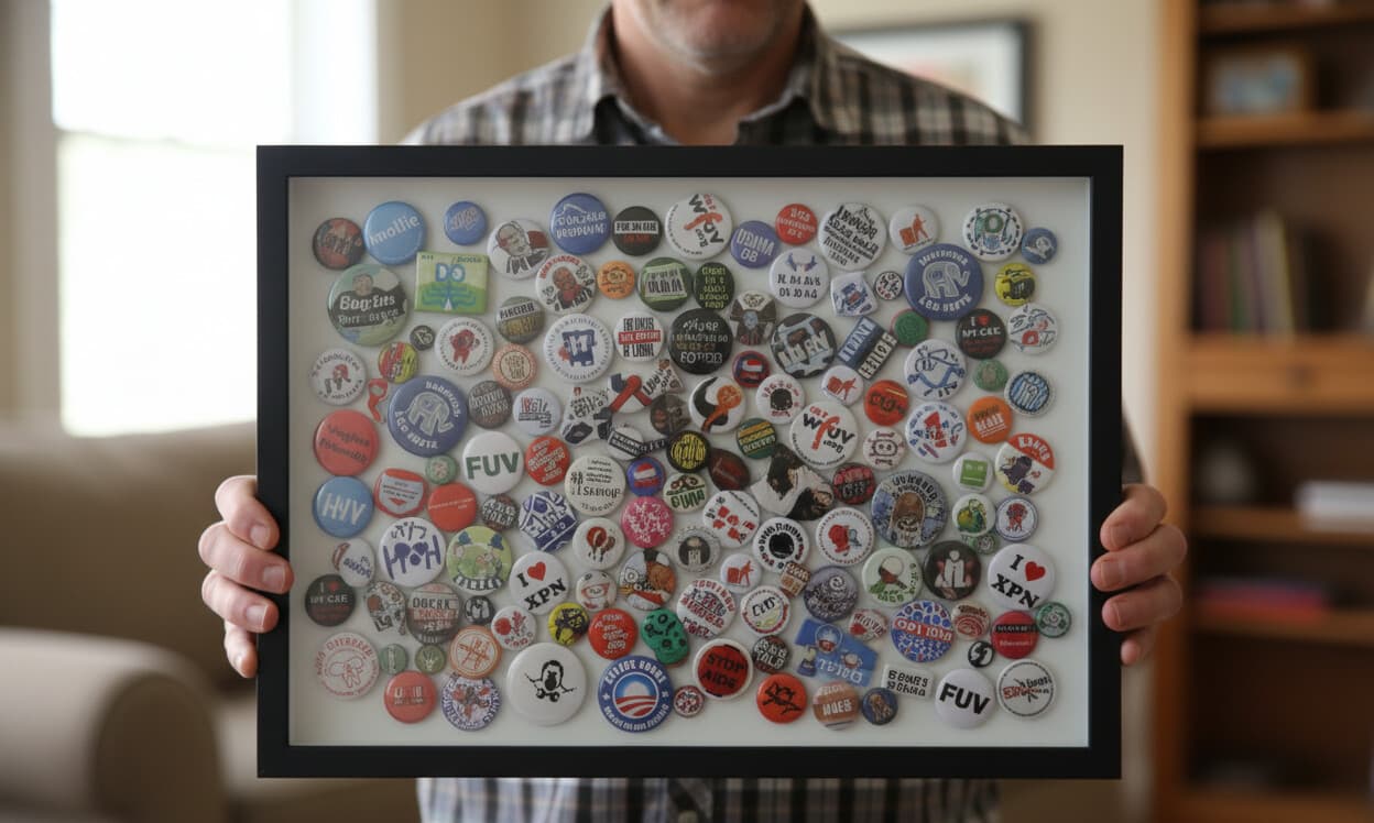 Political button collection shadowbox frame with 1 inch wide black moulding displaying vintage campaign pins and memorabilia badges utilizing 1.25 inch depth capacity for preserving historical collectibles in custom dimensional display picture frames