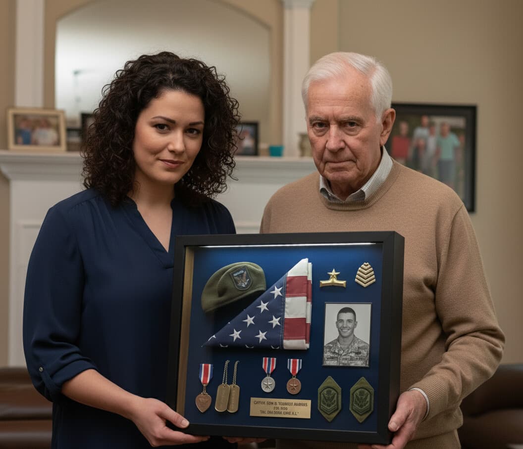 Custom military memorial shadowbox with deep black moulding displaying folded American flag service medals dog tags uniform patches and fallen soldier tribute demonstrating 1.25 inch usable depth for honoring military service in professional conservation picture frames
